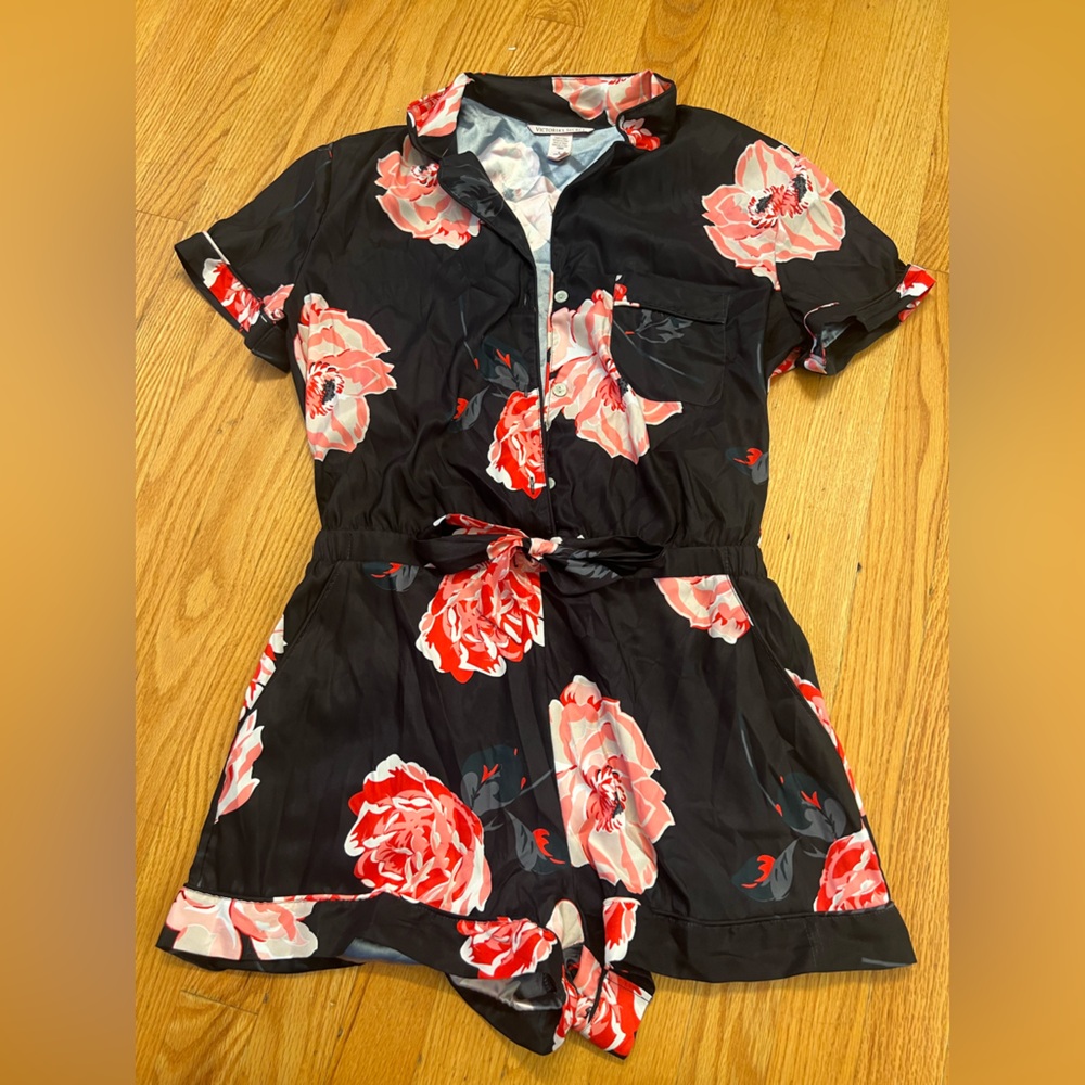 Victoria's Secret Black and Pink Floral Romper